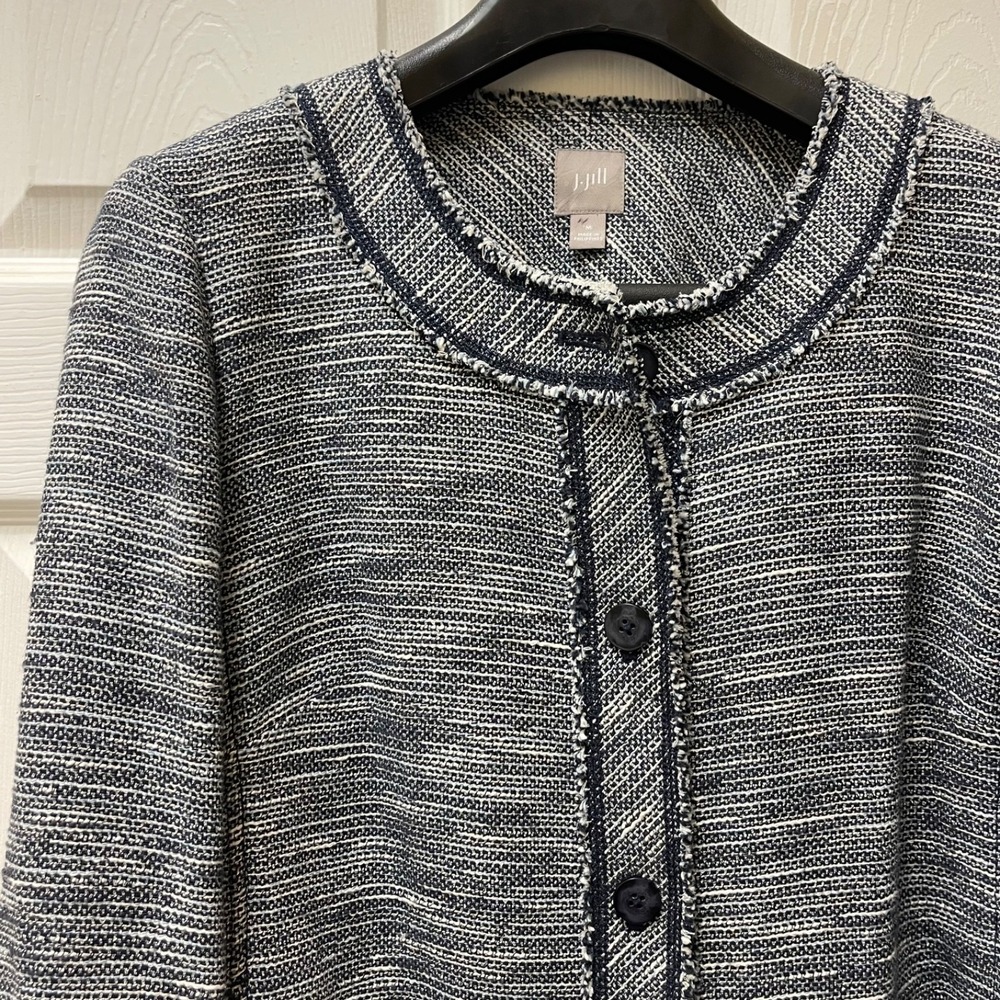 J JILL Tweed Bouclé Jacket Blazer Round Neck Raw Frayed Hem Preppy Blue‎ Small